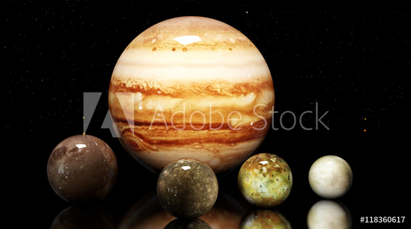 Afbeeldingen van Jupiters moons and star Elements of this image furnished by NA
